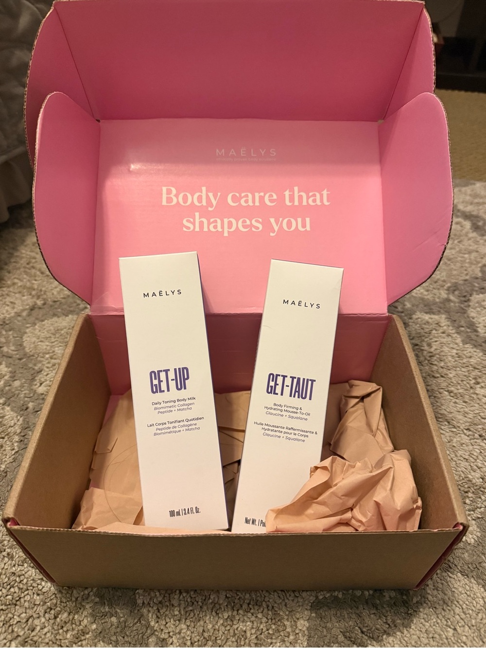 Maelys GET-UP Daily Toning Body Milk and GET TAUT hydrating mousse oil